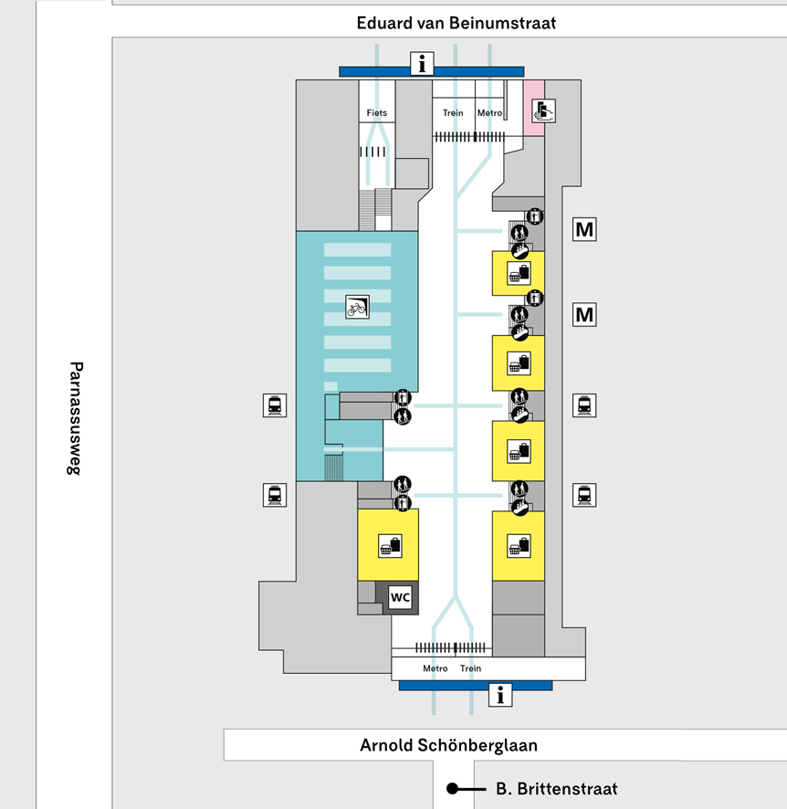 Plattegrond voorzieningen Brittenpassage met ingetekend de trein en metrosporen, de locaties van het busstation en de tramstation, de winkels en fietsenstalling