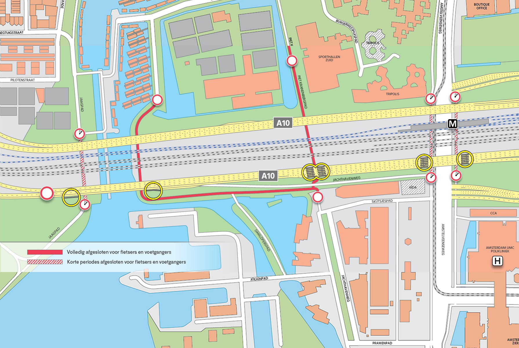 Kaart met afsluitingen en stops voor fietsers en voetgangers 