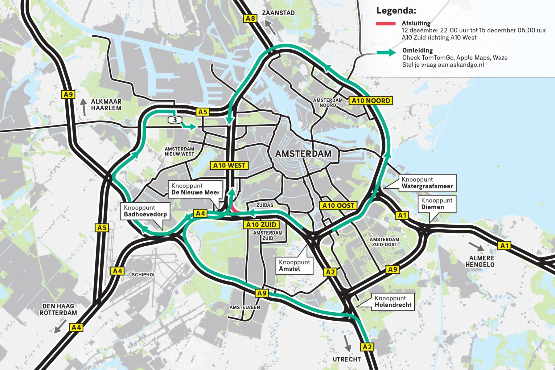 afsluiting verbinding A10 Zuid A10 West 12 tm 15 december 2025 kaart omleiding