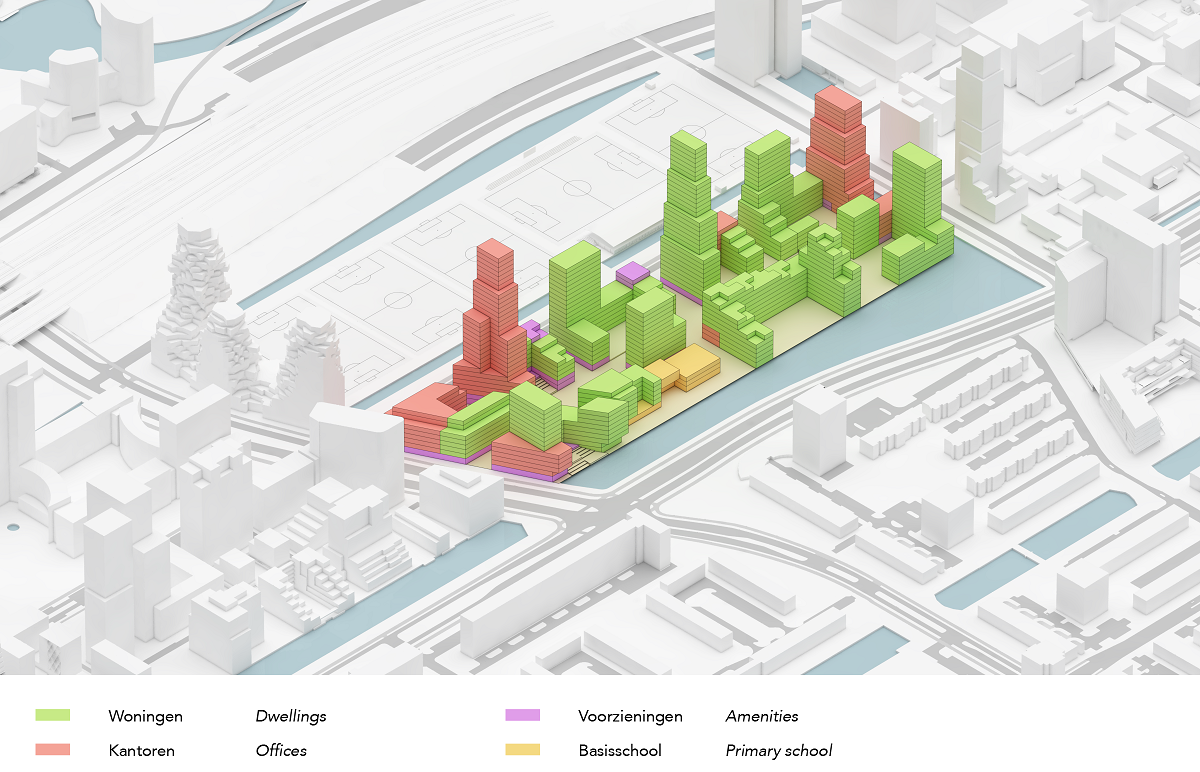 Illustratie toekomstige woonbuurt Ravel in Zuidas met verdeling van het gebied in woningen, kantoren, voorzieningen en scholen.