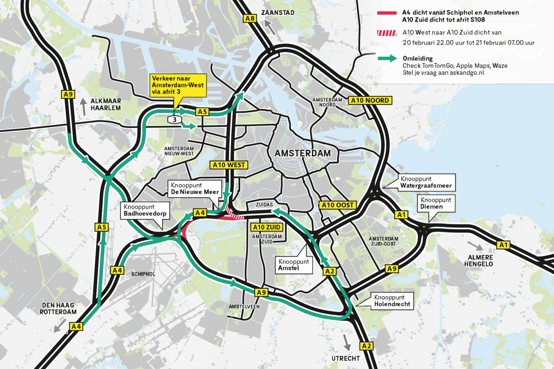 Kaart afsluiting en omleiding A4 en A10 Zuid en A10 West van 20 tot en met 23 februari 2026