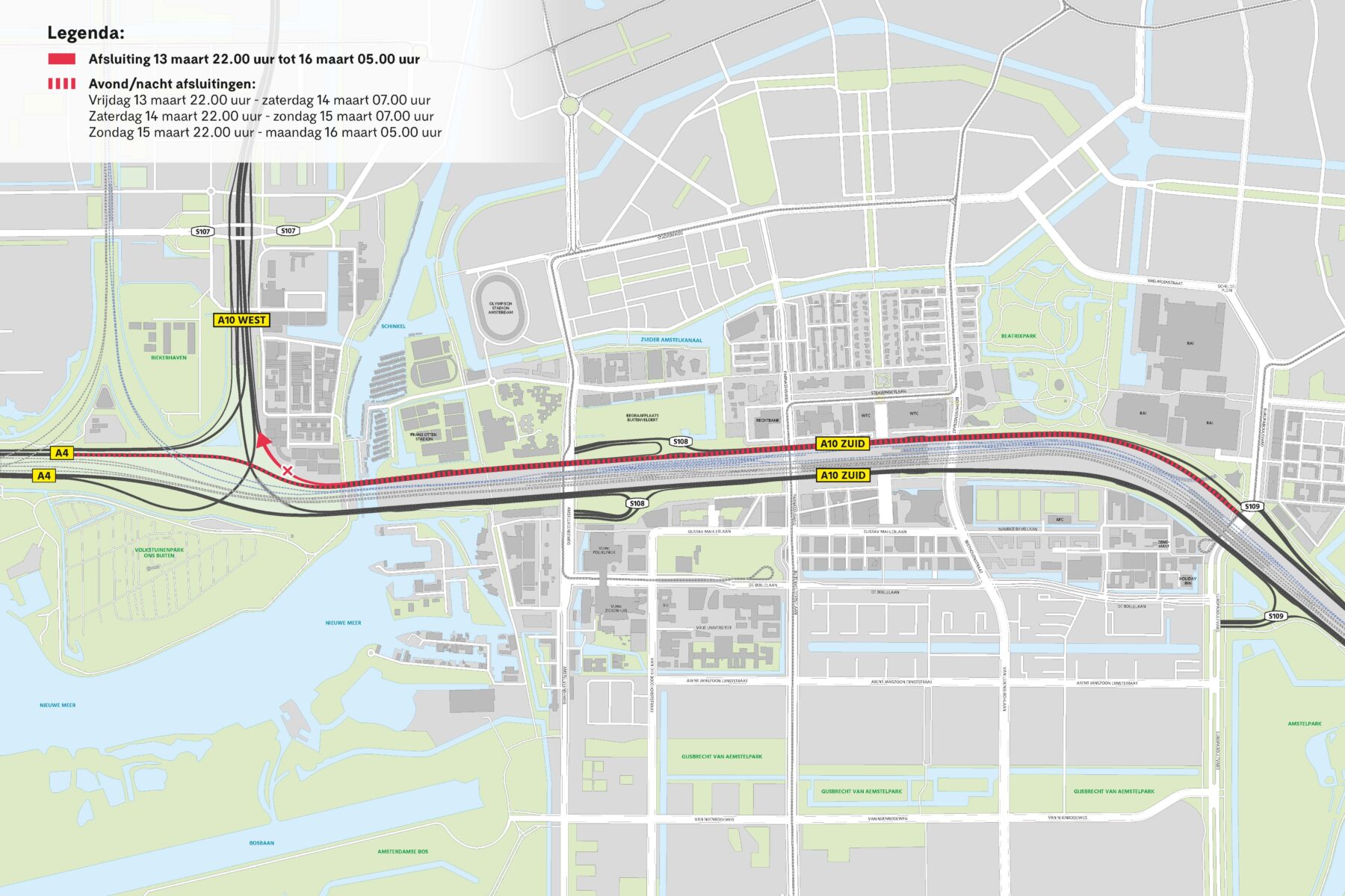 Kaart afsluitingen A10 Zuid naar A10 West op 13 tot en met 16 maart 2026