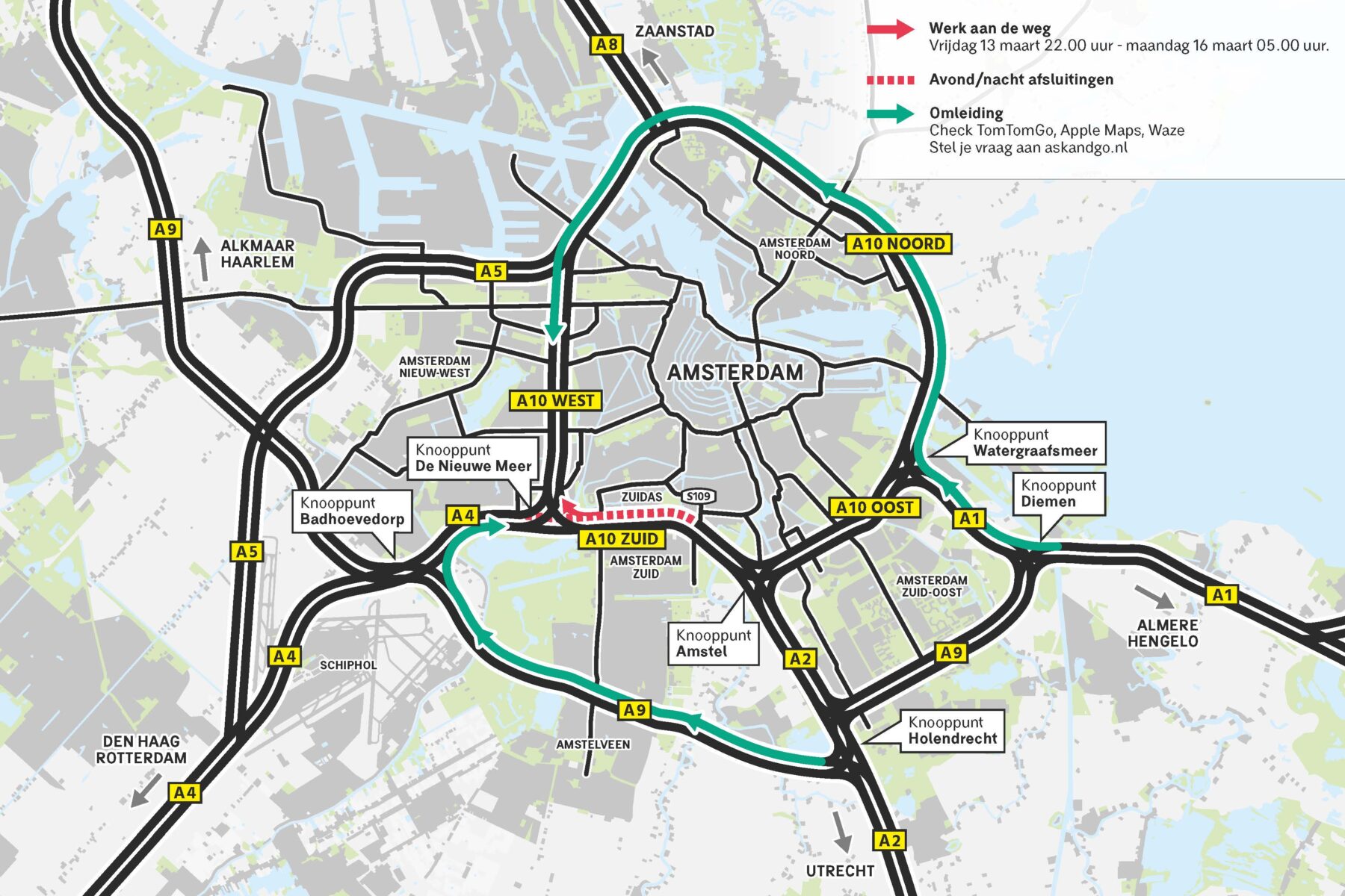 Kaart afsluitingen A10 Zuid naar A10 West op 13 tot en met 16 maart 2026 en omleidingen 