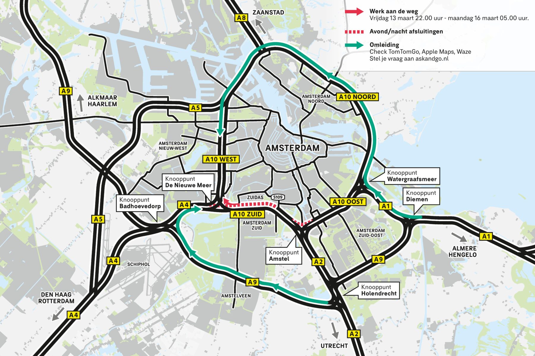 Kaart afsluitingen A10 Zuid naar A10 West op 13 tot en met 16 maart 2026 en omleidingen 