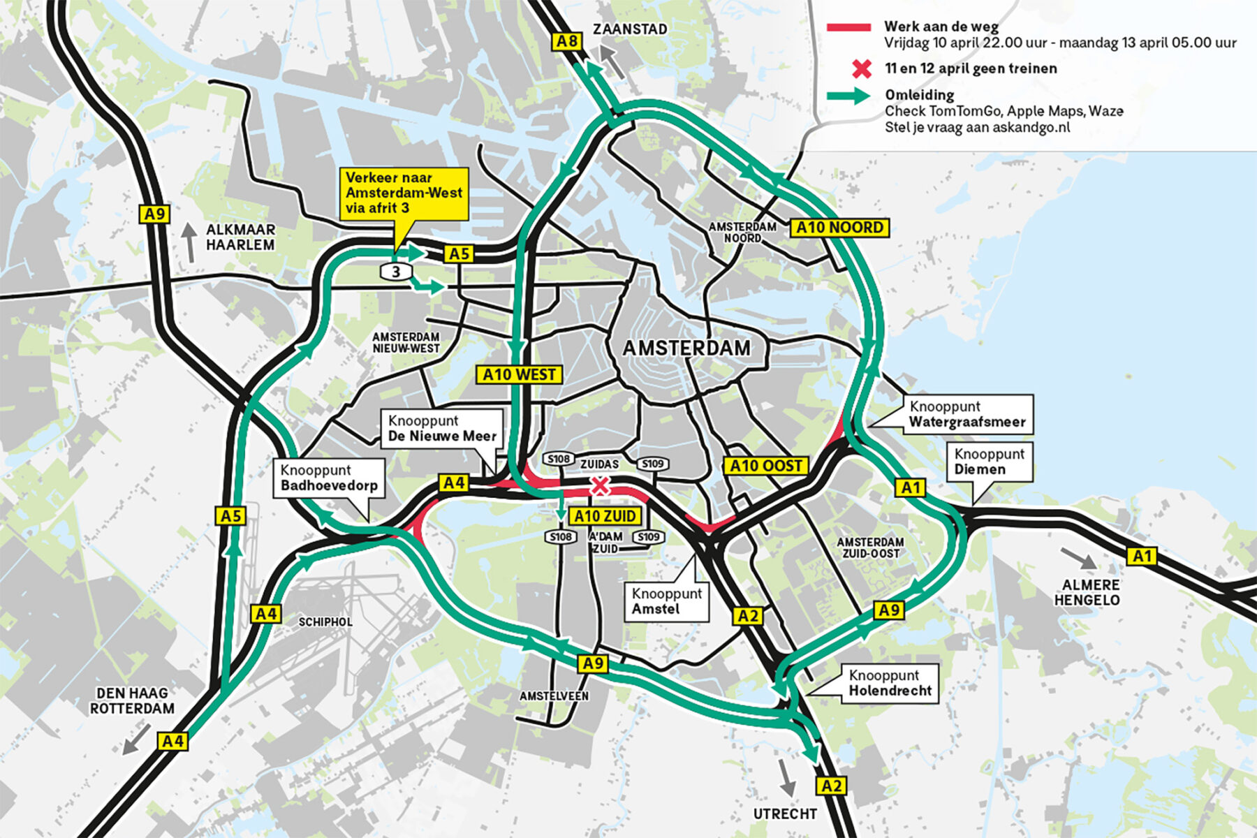 Kaart afsluitingen en omleidingen A10 Zuid, A10 Oost, A10 Noord en A4 van 10 tot 13 april 2026 