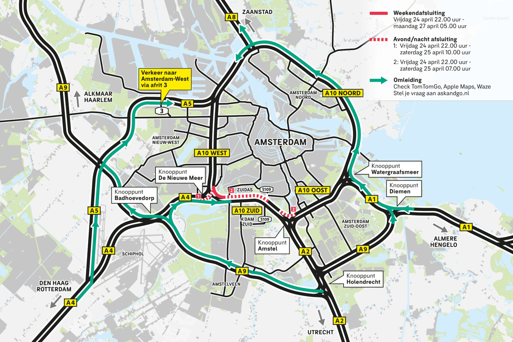 omleiding a10 zuid in weekend 24-27 april 2026