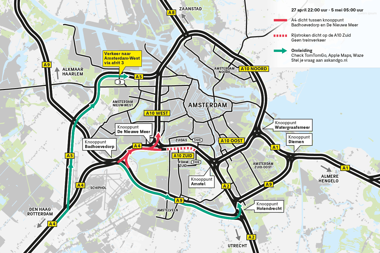 omleidingenkaart 27 april 4 mei 2026 zuidas a10 a4 station zuid afgesloten omleidingen