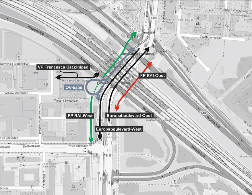 Kaart afsluiting en omleiding fietspad oostzijde Europaboulevard van 12 mei 07.00 uur tot vrijdag 29 mei 16.00 uur 2026.