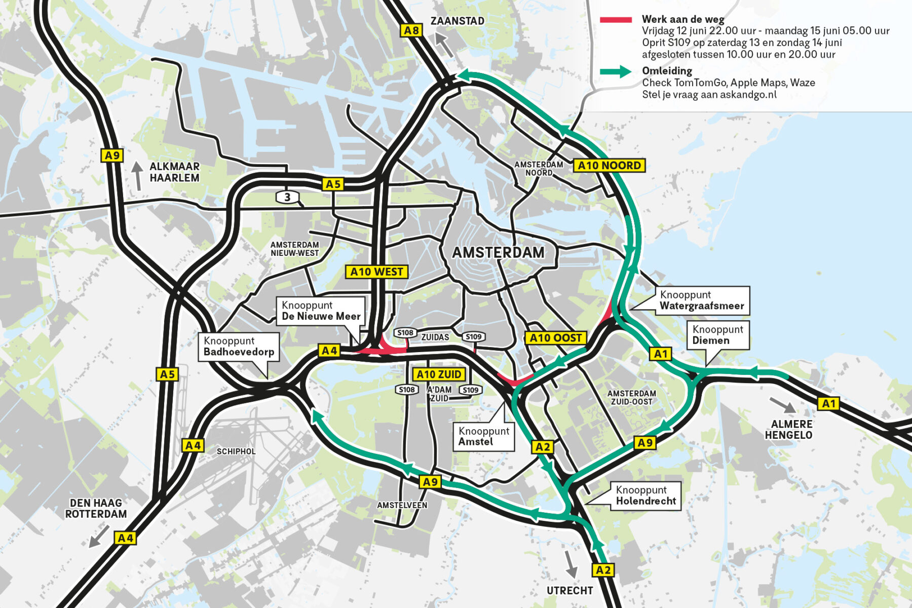 Kaart afsluiting en omleiding A10 Zuid richting A4/ A10 West 12 tot 15 juni 2026
