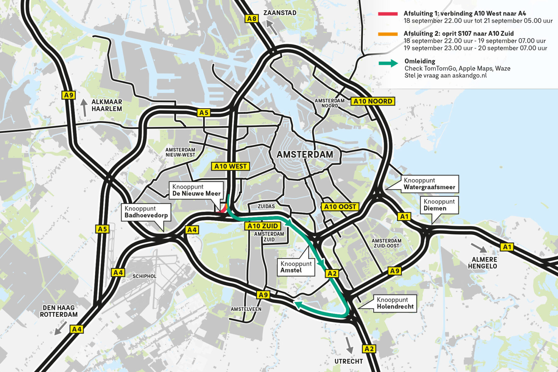 Omleiding afsluiting 18-21 september 2026 a4 a10 west schiphol