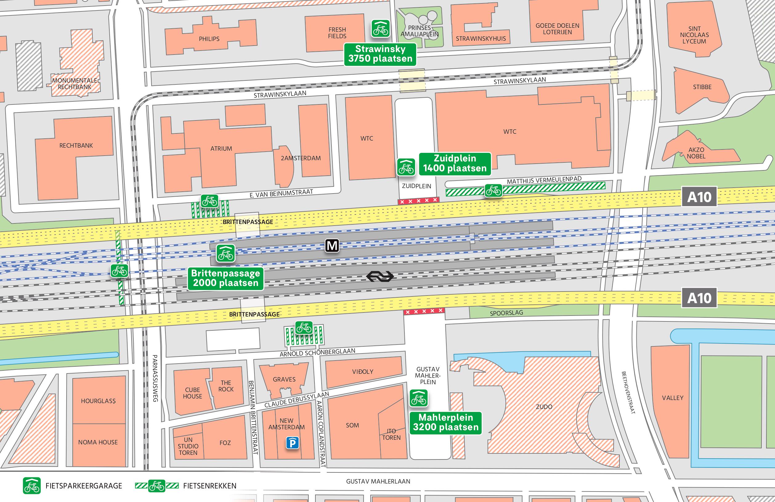 Kaart locaties fietsenrekken en bicycle parking station Amsterdam zuid / south