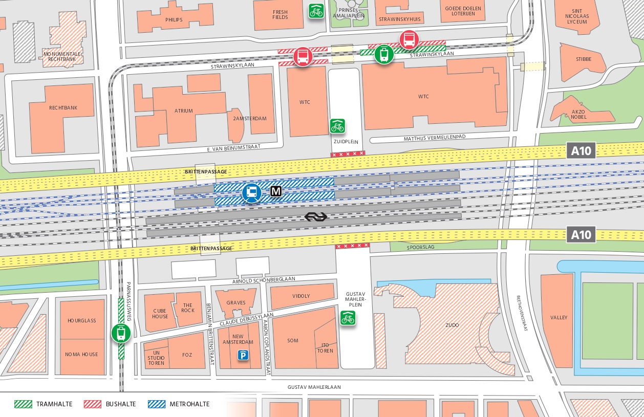 Kaart met haltes voor bus, tram, metro, trein, Openbaar vervoer station Amsterdam Zuid